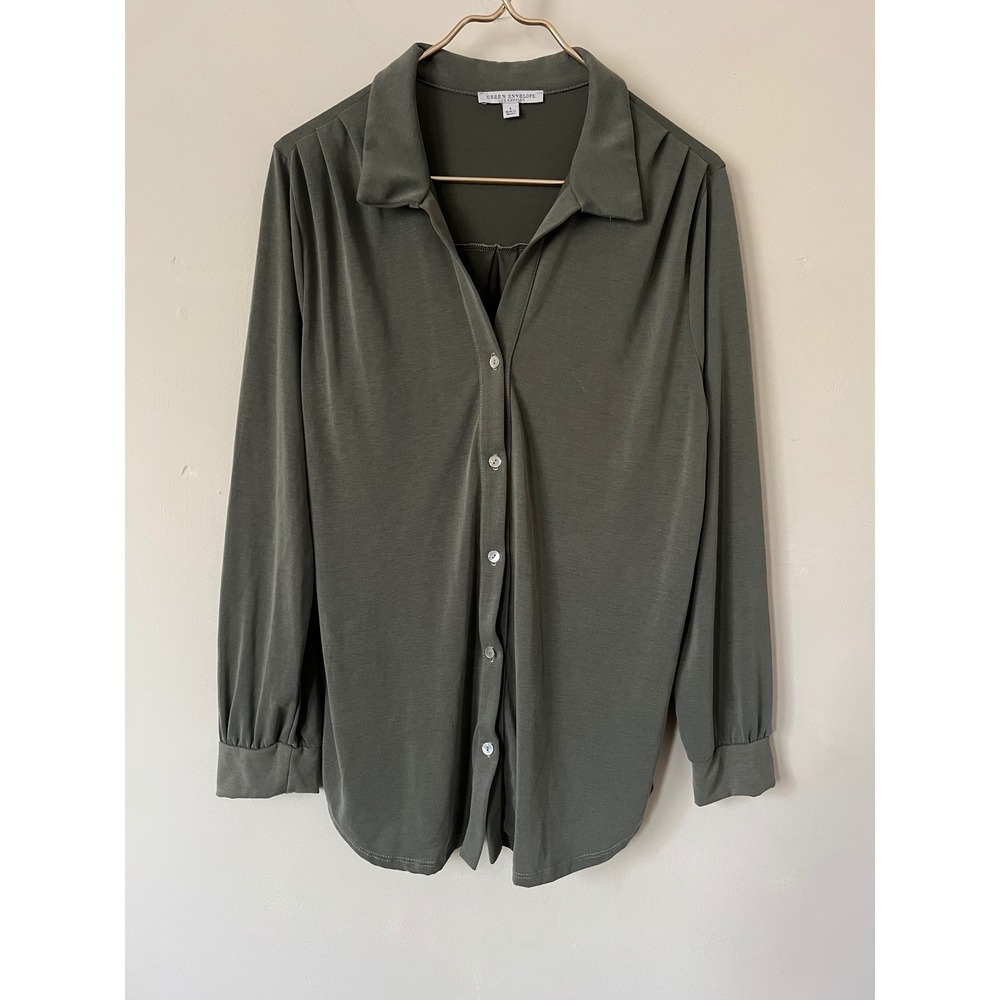 Green Envelope Olive Green Modal Blend Button Down Shirt Long Sleeve Womens L